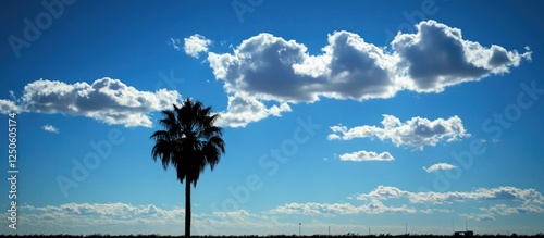 Lone palm tree silhouetted against a bright blue sky with fluffy white clouds creating a serene tropical atmosphere. photo