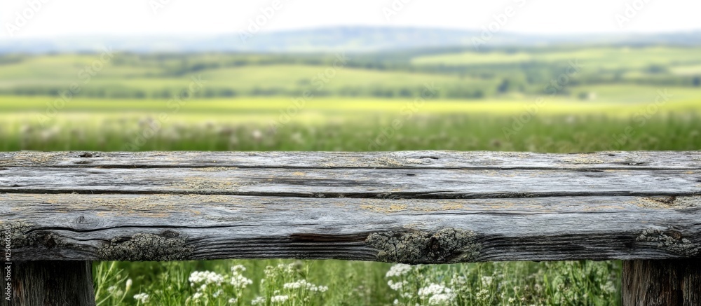 Rustic wooden fence with weathered texture against a scenic rural landscape featuring rolling hills and wildflowers in the foreground. Rustic wooden fence with weathered texture against a scenic rural landscape featuring rolling hills and wildflowers in the foreground.