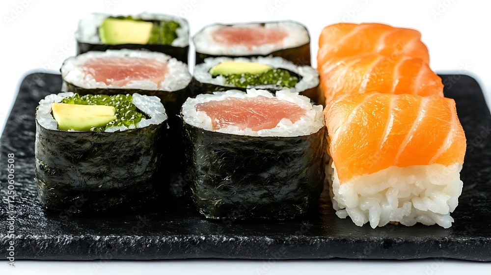 Sushi Rolls and Salmon Nigiri on Black Plate, Close up photo of several sushi rolls Sushi Rolls and Salmon Nigiri on Black Plate, Close up photo of several sushi rolls