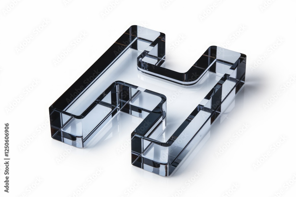 A glass letter H, transparent and reflective, stands on a white background. A glass letter H, transparent and reflective, stands on a white background.