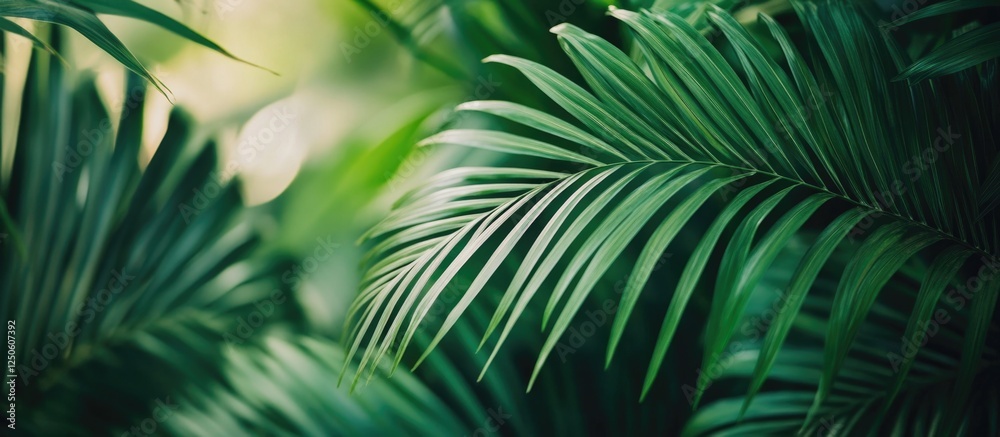 Obraz premium Lush green palm tree leaf texture creating a vibrant tropical background with intricate details and natural patterns for design use.