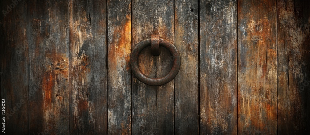 Fototapeta premium Rustic wooden door with a weathered metal knocker showcasing grunge textures and rust for a vintage aesthetic