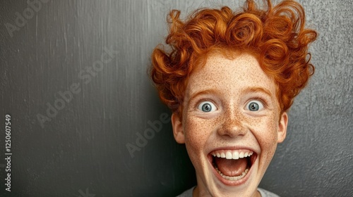 A joyful child with curly red hair and freckles beams brightly at the camera, radiating pure happiness and excitement, encapsulating the innocence of childhood.