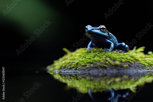 Biophilic Design in Eco-Marketing Vibrant Blue Poison Dart Frog on Moss Rock in Rainforest Pond - Sustainable Practices for Conservation Awareness and Educational Content photo