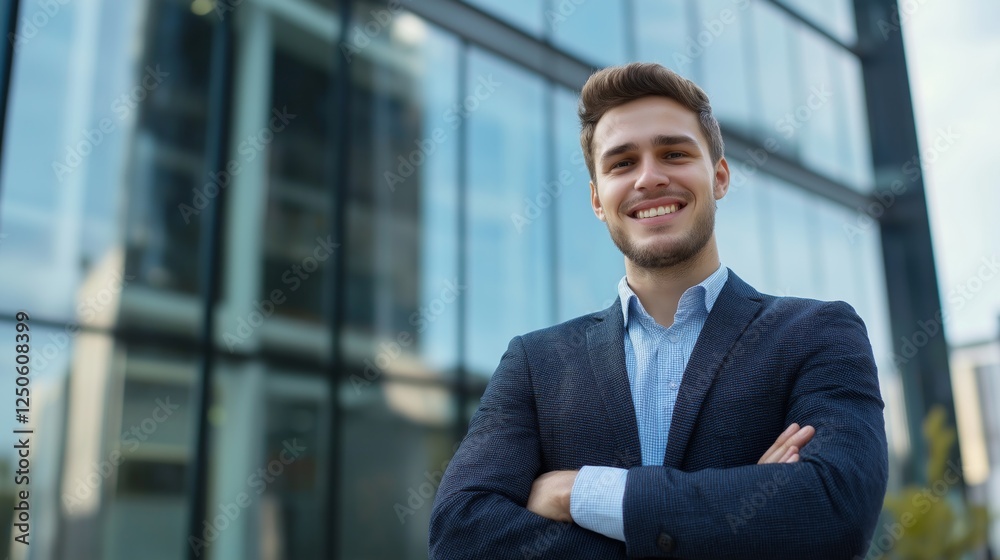Standing outside a sleek office building, a charismatic business man with a confident smile gazes directly at the camera. His sharp attire reflects professionalism and ambition Standing outside a sleek office building, a charismatic business man with a confident smile gazes directly at the camera. His sharp attire reflects professionalism and ambition