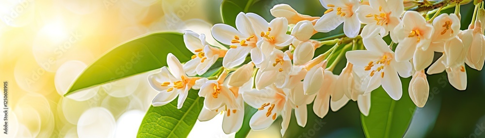 Fototapeta premium Sunny garden, delicate white blossoms, green leaves, bokeh background. Spring floral design