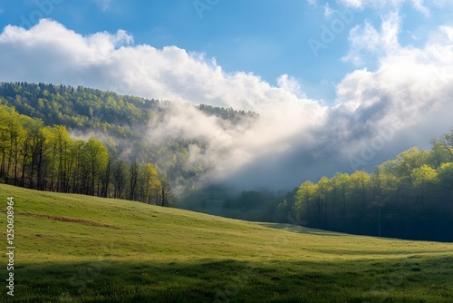 Sunrise mist over green valley, mountain forest