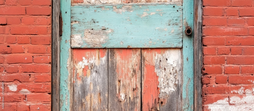 Close up of an aged wooden door showcasing architectural decay against a red brick wall highlighting textures and color contrasts. Close up of an aged wooden door showcasing architectural decay against a red brick wall highlighting textures and color contrasts.