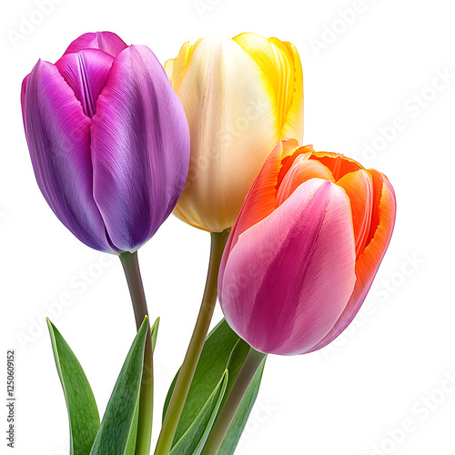 Beautiful, colorful tulips isolated on a white background, with no shadow under the flower. This is a photo-realistic, high-resolution image with professional color grading, soft shadows, clean, 