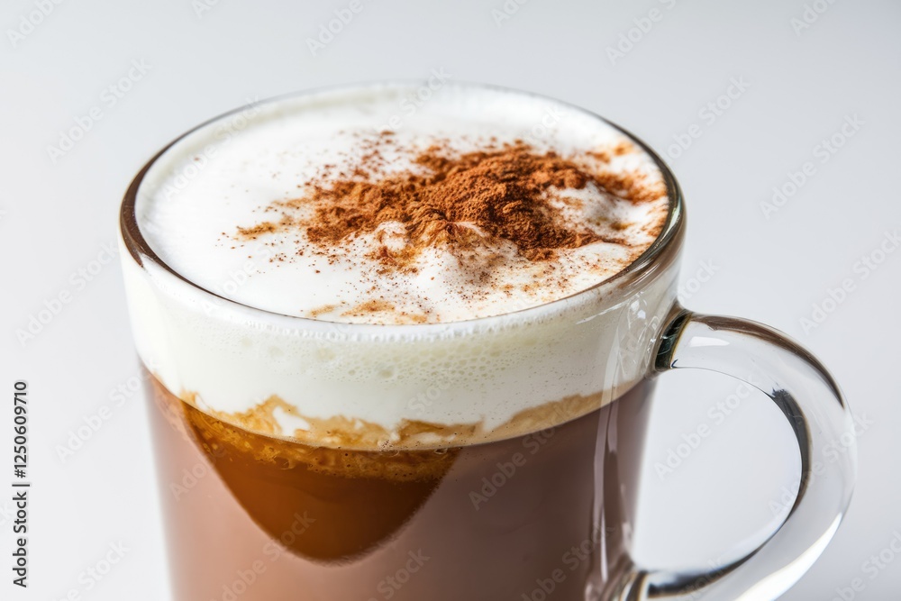 A glass of cappuccino topped with a layer of frothy milk and sprinkled with cinnamon. A glass of cappuccino topped with a layer of frothy milk and sprinkled with cinnamon.