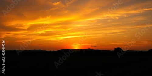 Green sustainable farm with lush crops growing in the foreground, a majestic mountain silhouette in the background, and a vibrant sunset sky overhead, sunset sky, peaceful photo