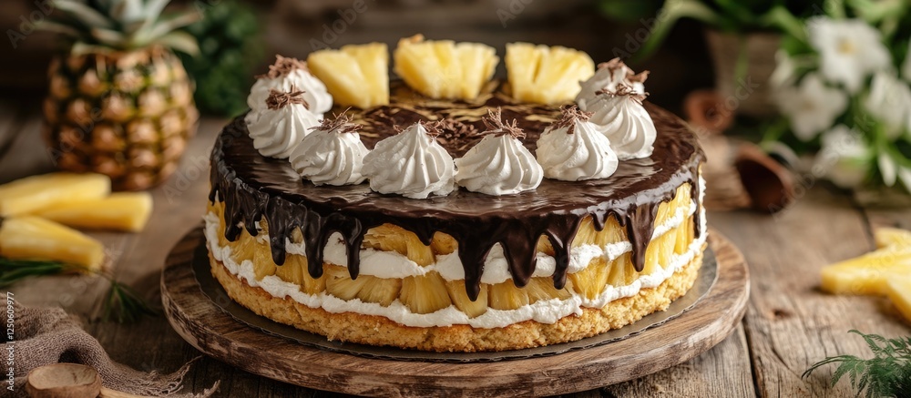 Homemade Pancho Cake with Sour Cream and Pineapple Decorated with Rich Chocolate Ganache and Whipped Cream Topping Homemade Pancho Cake with Sour Cream and Pineapple Decorated with Rich Chocolate Ganache and Whipped Cream Topping