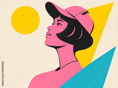 Normcore girl with cap in retro vintage risograph style print, screenprint texture cutout detail, pink yellow cyan grey colors, abstract shapes, screenprint, cap photo