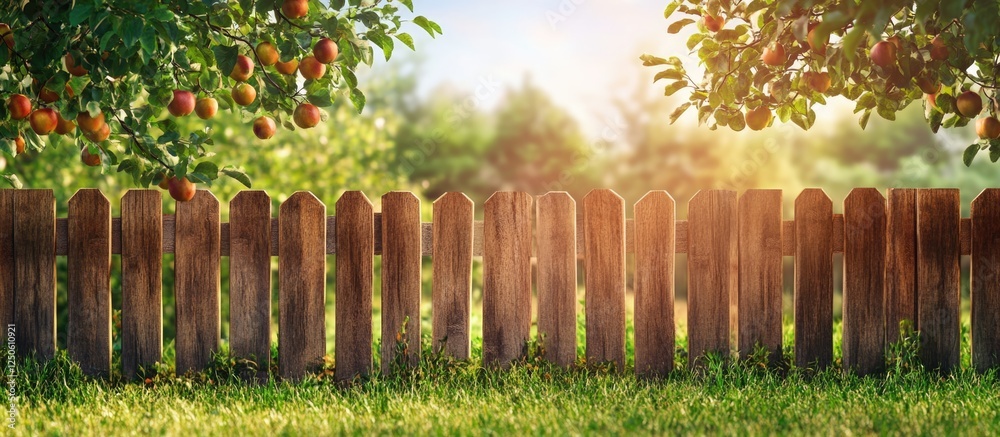 Fototapeta premium Orchard landscape with wooden fence lush greenery and apples framing a serene view with ample space for text placement