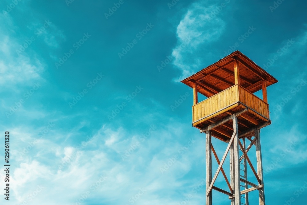Tall wooden observation tower against a vibrant blue sky with fluffy clouds. Perfect for concepts of adventure, nature, and environmental awareness. Tall wooden observation tower against a vibrant blue sky with fluffy clouds. Perfect for concepts of adventure, nature, and environmental awareness.