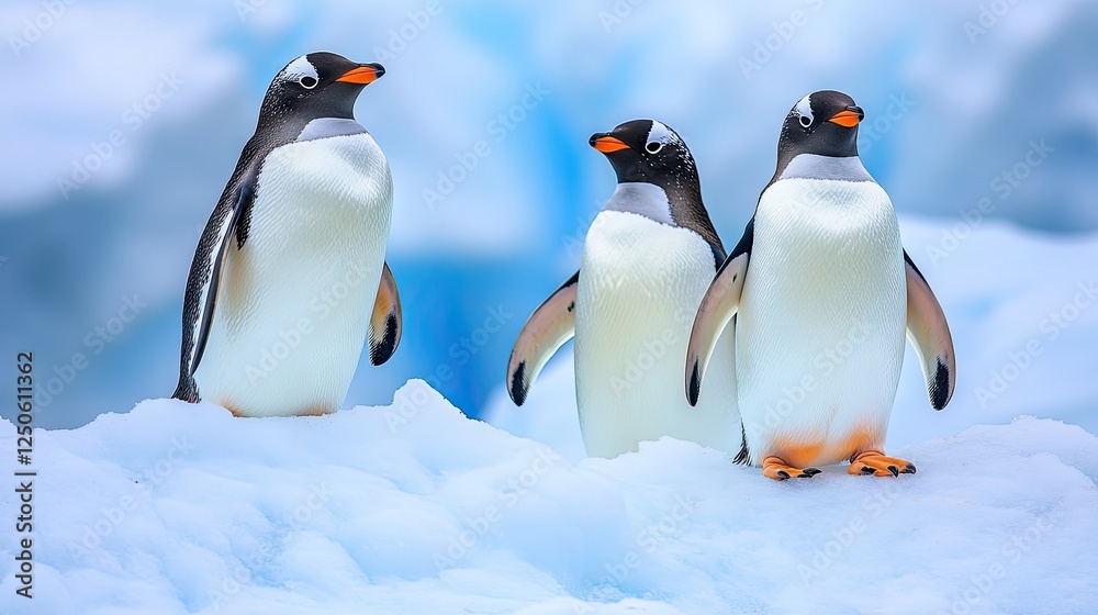 Fototapeta premium Three Penguins Standing on a Snowy Landscape in Antarctica Under Clear Blue Skies.