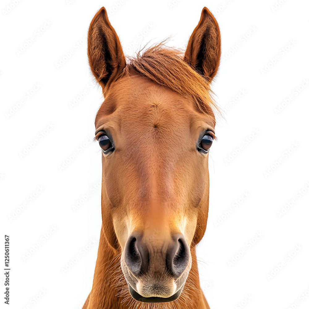 Obraz premium Brown horse's head looking at the camera, a close-up portrait, isolated on a white background, a high-quality photograph. 