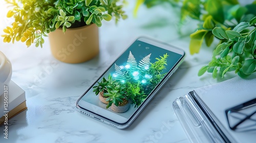 Lush greenery in a potted plant placed next to a smartphone device on a marble desk in a modern minimalist office setting  The image conveys a sense of nature technology