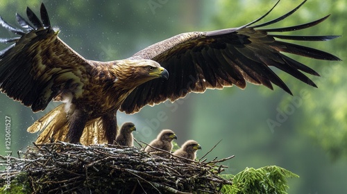 This striking image features a golden eagle protecting its chicks in a nest, embodying themes of nature, motherhood, and the breathtaking beauty of wildlife in a lush environment.