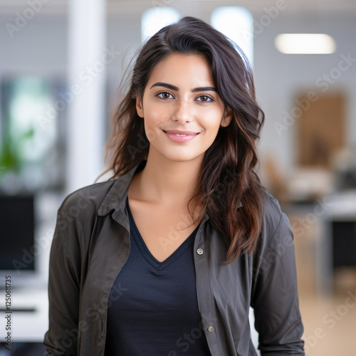 Young indian woman standing confidently at office