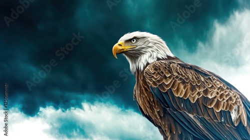 A powerful bald eagle stands tall against a backdrop of dark, dramatic clouds, capturing the essence of strength and resilience in the face of adversity in nature.