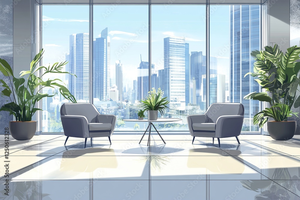 Fototapeta premium Modern Office Interior Design: City View, Comfortable Armchairs, and Potted Plants Enhance Workspace