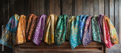 Wallpaper Mural Vibrant display of traditional Indonesian batik cloth showcasing intricate patterns and rich colors on a rustic wooden background. Torontodigital.ca