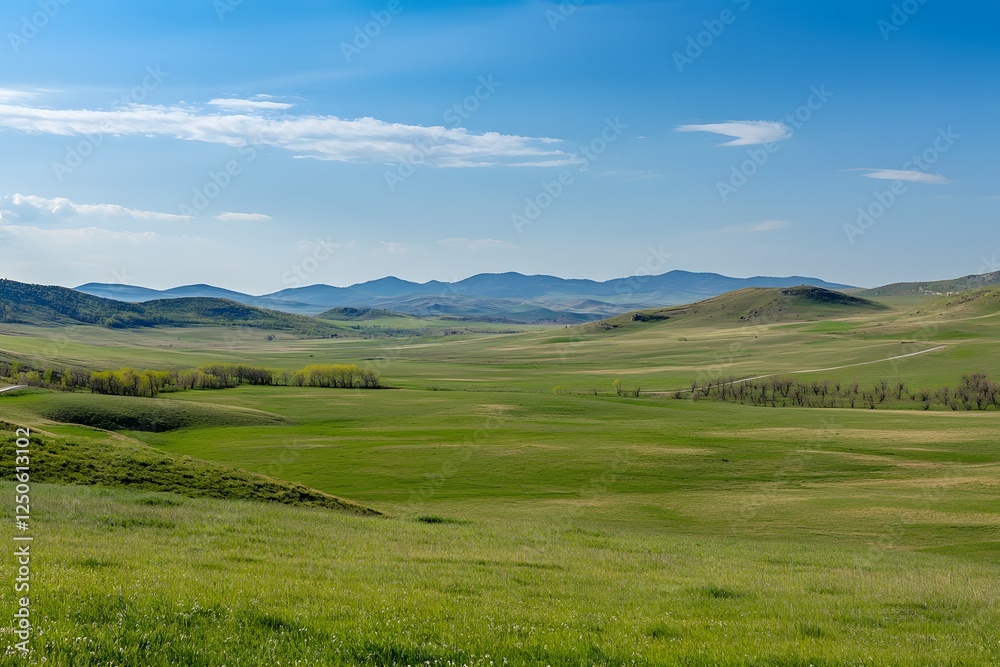 Spring grassland valley panorama, distant mountains, sunny day, nature background, travel Spring grassland valley panorama, distant mountains, sunny day, nature background, travel