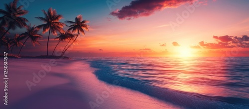 Tropical paradise with palm trees silhouetted against a stunning sunset and tranquil ocean waves creating a serene atmosphere.