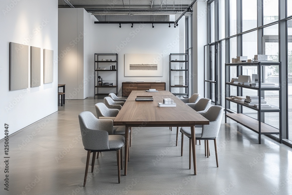 Fototapeta premium Modern Office Interior Design: Elegant Workspace with Wooden Table and Gray Chairs near Large Windows, Showcasing Minimalist Style