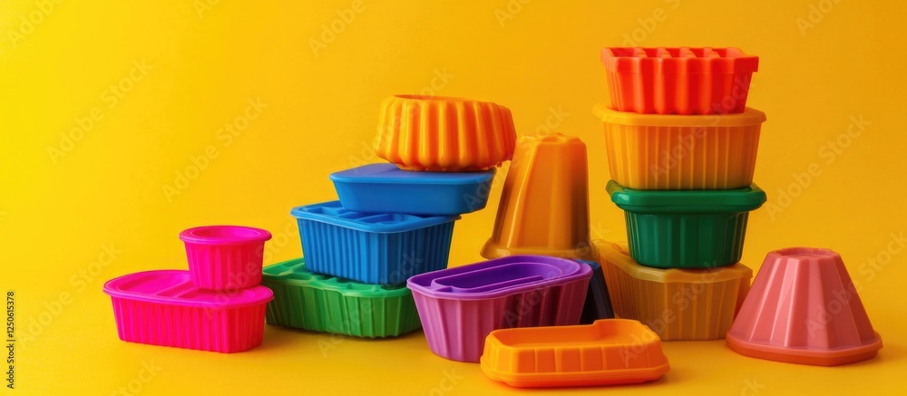 Colorful plastic cake molds stacked artistically on a vibrant yellow background showcasing fun and creativity in baking and cooking activities Colorful plastic cake molds stacked artistically on a vibrant yellow background showcasing fun and creativity in baking and cooking activities