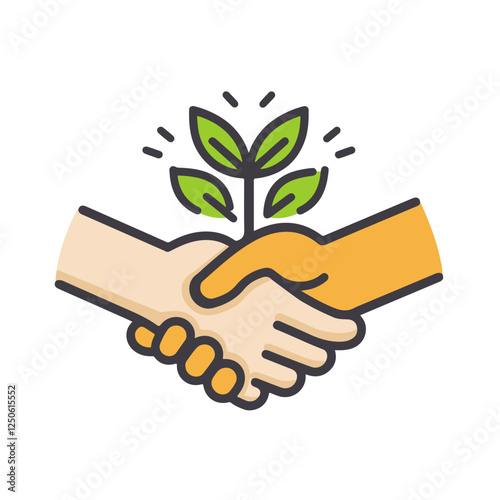 Handshake with green plant, ecological success in deal, partnership in eco nature icon. Green business agreement. Approved environmental contract sign. Flat vector illustration