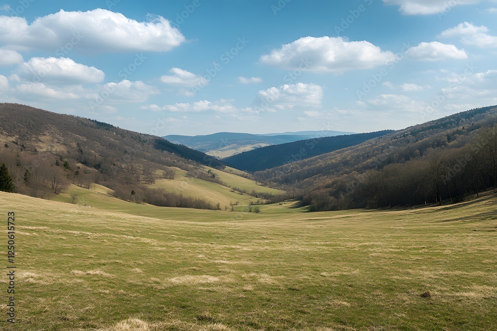 Spring meadow valley landscape, mountains, blue sky, clouds, pastoral Spring meadow valley landscape, mountains, blue sky, clouds, pastoral