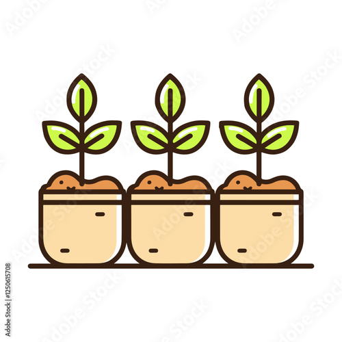 Planting plants in ground, cultivation seedling in pots. Seedlings grow from fertile soil. Growing sapling. Spring growing season of plants. Vector flat illustration