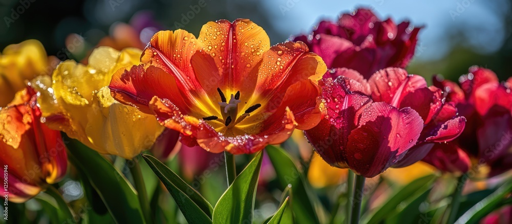 Vibrant close-up of colorful tulips in a garden setting showcasing rich hues and delicately fresh petals glistening with dew. Vibrant close-up of colorful tulips in a garden setting showcasing rich hues and delicately fresh petals glistening with dew.