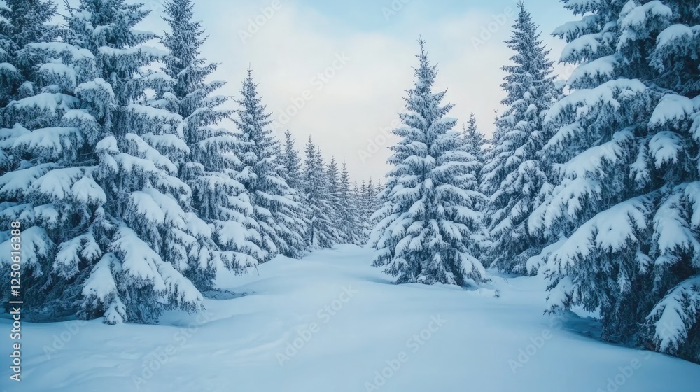 Naklejka premium Serene winter forest scene featuring snow-laden trees creating a tranquil and picturesque landscape in a snowy environment.