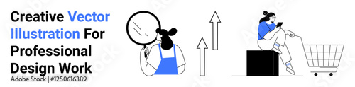 Woman holding a magnifying glass, growth arrows indicate analytics. Shopper reading reviews on phone by cart. Ideal for e-commerce, online shopping, research, business growth, marketing, analytics