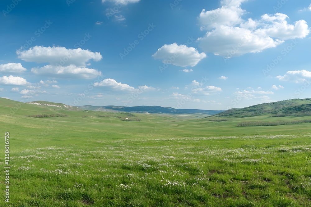Spring meadow landscape, rolling hills, blue sky, white clouds, pastoral scene Spring meadow landscape, rolling hills, blue sky, white clouds, pastoral scene