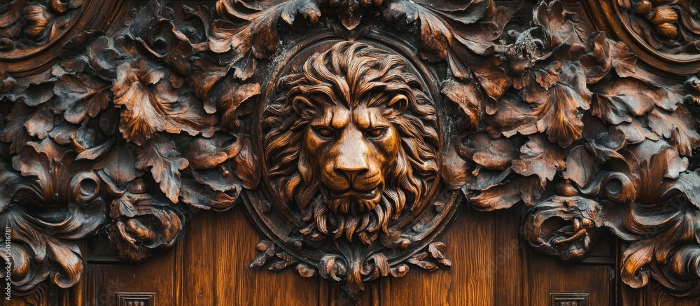 Intricate lion head door knocker on an aged wooden door showcasing detailed carvings and ornate exterior design elements. Intricate lion head door knocker on an aged wooden door showcasing detailed carvings and ornate exterior design elements.