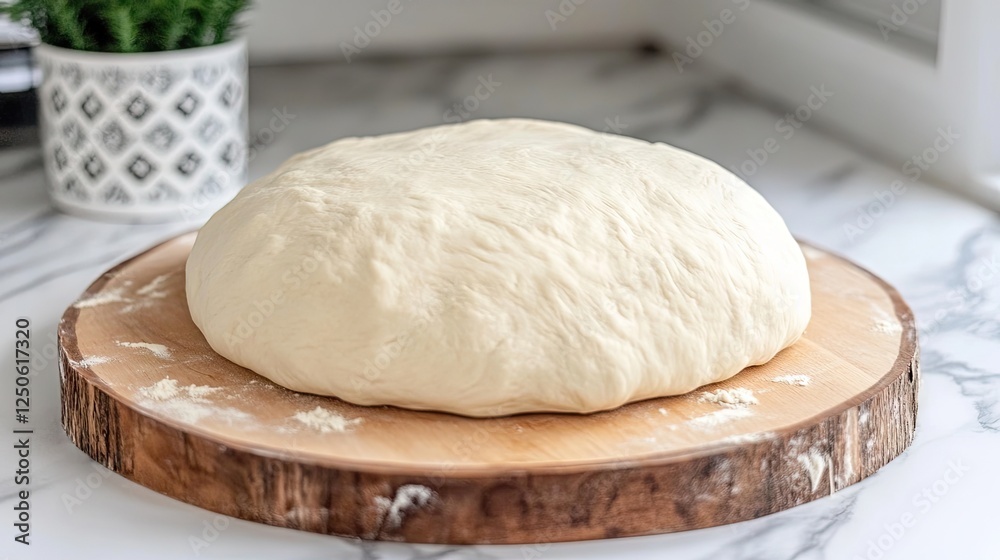 Dough rising on wood board, kitchen counter background, home baking Dough rising on wood board, kitchen counter background, home baking