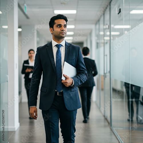 portrait of a handsome businessman in a office. Confident Indian business man leader looking aside walking in office. Busy professional businessman going in hallway holding digital tablet.