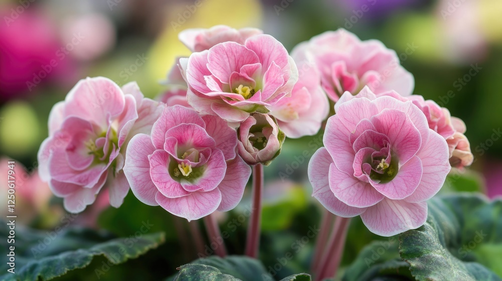 Pink Auriculas Flowers in Full Bloom with Blurred Background Highlighting Their Delicate Petals and Green Foliage Pink Auriculas Flowers in Full Bloom with Blurred Background Highlighting Their Delicate Petals and Green Foliage