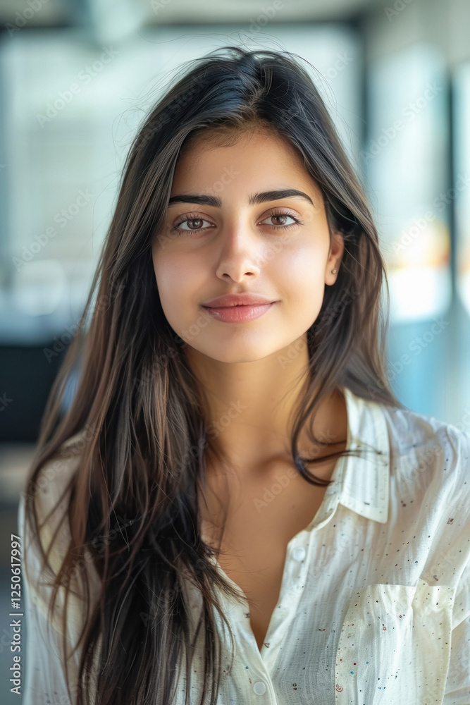 Young indian woman standing confidently at office