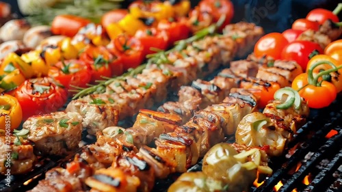 Grilled vegetable and meat skewers sizzling on bbq with smoke and flames