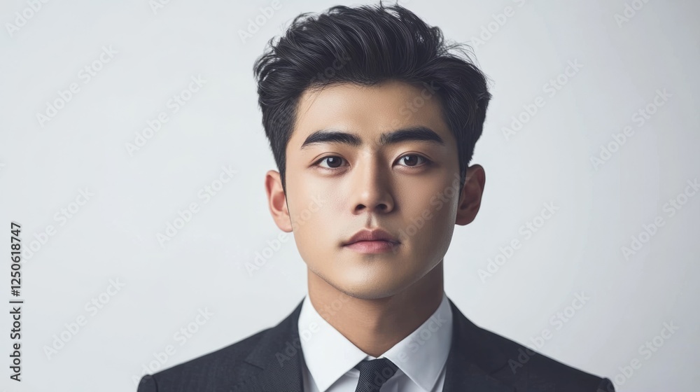 Confident young Asian businessman in formal attire posing against a white background with a serious expression. Confident young Asian businessman in formal attire posing against a white background with a serious expression.