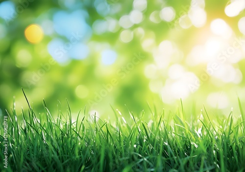 Beautiful green grass meadow landscape with a blue sky background. Generative AI