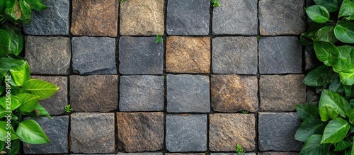 Textured porphyry stone pavement with green foliage creating a natural outdoor pathway atmosphere for landscaping and design projects