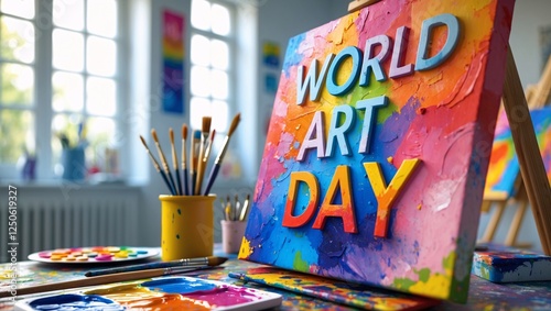 World Art Day celebrates creativity and expression through vibrant paintings and artistic activities in a bright studio filled with colors and tools
