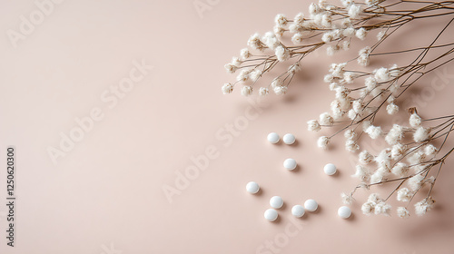 Wallpaper Mural Photo of a bouquet with dried flowers and pills on a beige background, in a flat lay style. On the right side, there is an empty space for text or product display. The left part has white feathered  Torontodigital.ca