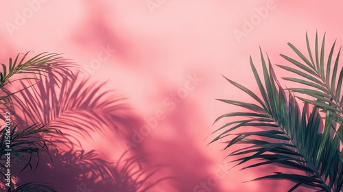 Tropical Leaf Shadows on Soft Pink Wall Creating a Serene and Vibrant Atmosphere for Background or Interior Design Concepts